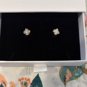Rose Gold Clover Stud Earrings with Light Blue Inlay